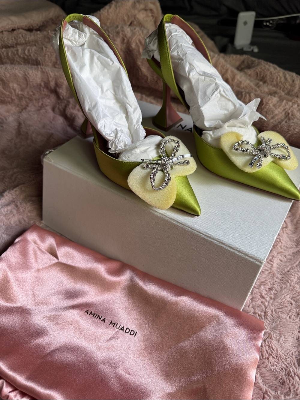 Amina Muaddi Lime Green Satin Crystal Bow Slingback begum cloth mules - Picture 8 of 12